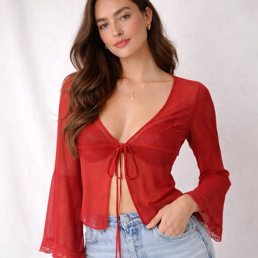 Sheer Red Tie Front Blouse | Romantic Lace Sleeve Top | Y2K Coquette Euro Summer